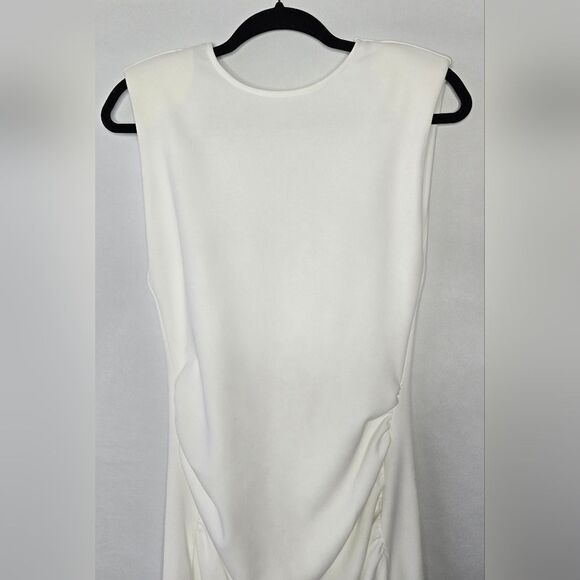 NWT Women's White Zara Padded Shoulder Midi Dress w/ Ruching V Back Size Small - Picture 2 of 10